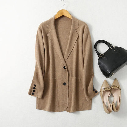 Women Blazer Cashmere Silk Blends Solid Colors Camel Long Sleeve Buttons Down Fashion Jacket Coat  Winter Warm XL XXL LY051