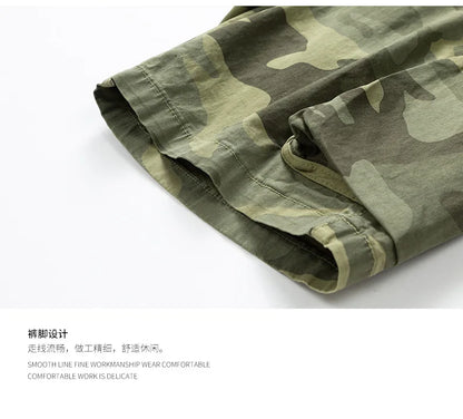 Men's Casual Washed Cotton Cargo Shorts Multi-Pocket Durable Knee-Length Work Shorts Pantaloncini Uomo Camouflage Roupas Hombre