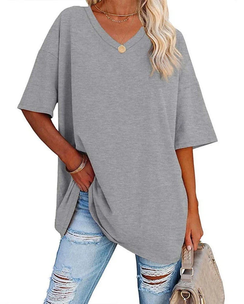 Women's Loose V-Neck Top Spring/Summer New Color Half Sleeve European American Style Clothing Amazon Foreign Trade