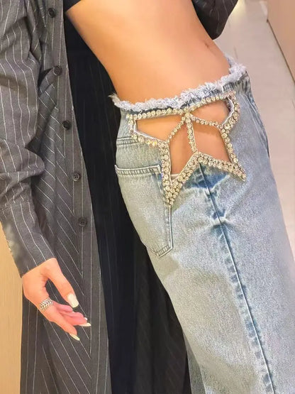 Y2K American Retro Star Cut-Out Embellished Women Blue High-Waisted Fashion Hip-Hop Streetwear Casual Loose Denim Jeans