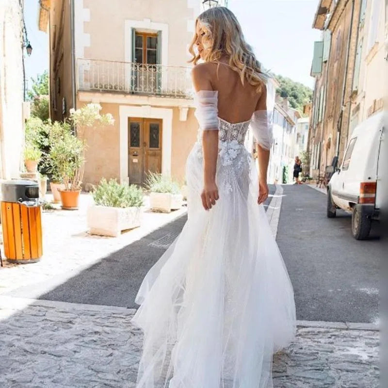 2022 New Charming Lace Wedding Dresses Sweetheart Off Shoulder  Gowns Short Sleeves Bridal  Open Back