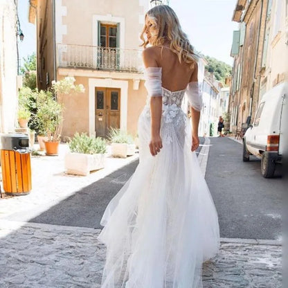 2022 New Charming Lace Wedding Dresses Sweetheart Off Shoulder  Gowns Short Sleeves Bridal  Open Back