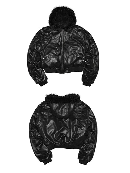 Spring Autumn Cool Short Oversized Thick Warm Pu Leather Jacket Men with Faux Fur Trim Hood Luxury Designer Clothes