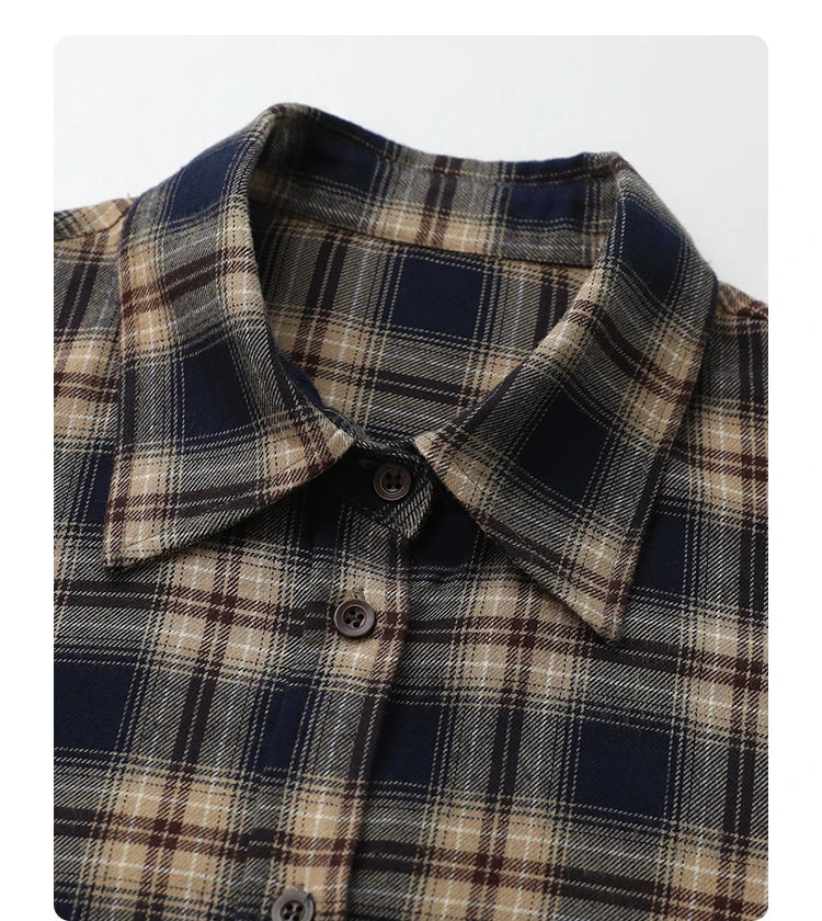 Women Shirts Loose Casual New Sanding Plaid Shirt Long Sleeve Medium Long Length Blouses Female Tops Spring Autumn 2025
