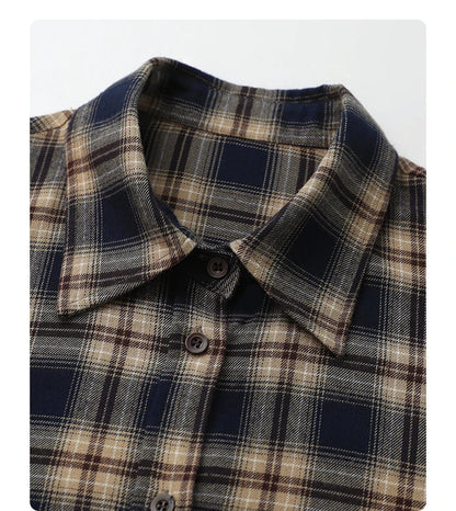 Women Shirts Loose Casual New Sanding Plaid Shirt Long Sleeve Medium Long Length Blouses Female Tops Spring Autumn 2025