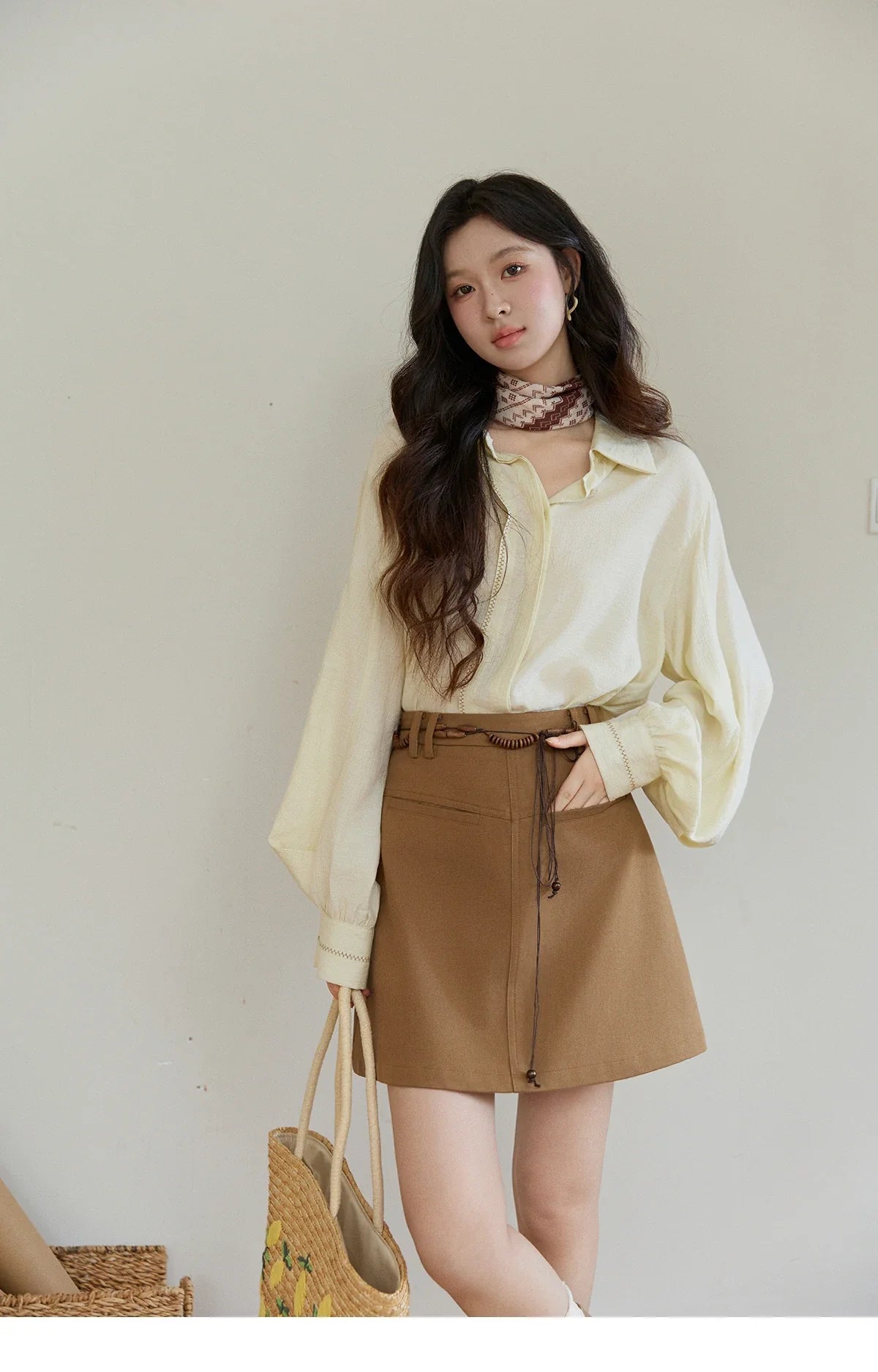 Women's Lapel Lantern Sleeve Shirts 2026 Spring Lace Trim Casual Loose Breathable Solid Shirt Office Lady MXF13C2436
