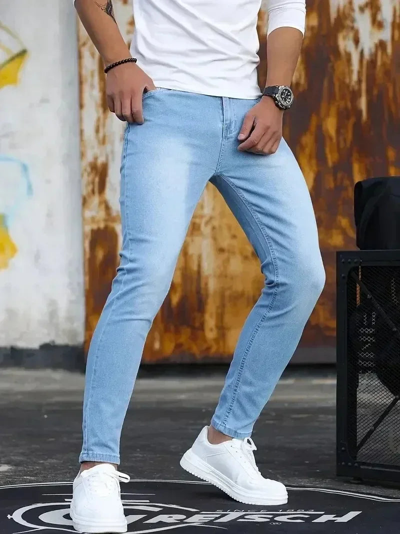 Men Jeans Stretch Skinny Denim Pants Solid Color Black Blue Spring Luxury Street Harajuku Hip-Hop Style Slim Fit Trousers Brand