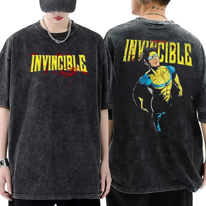 Hot Anime Invincible Washed Cotton Tshirt Anime Lover Couples Plus Size Unisex Mark Grayson Clothing High Quality Top