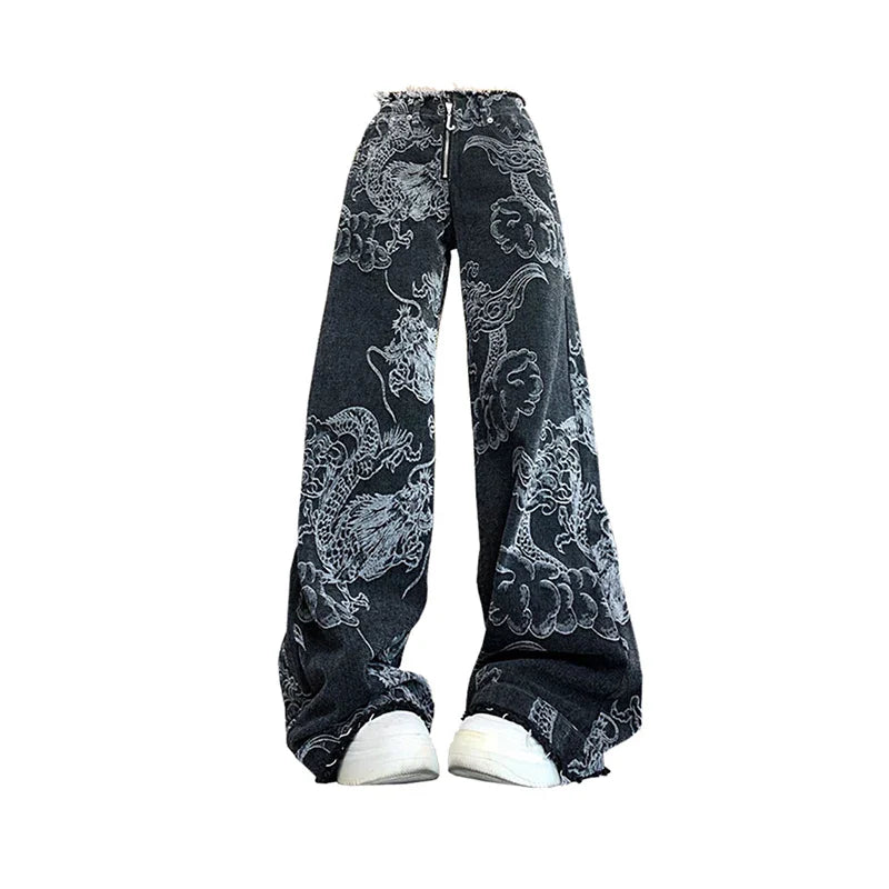 Women Black Gothic Dragon Print Jeans Baggy Vintage Aesthetic Cowboy Pants Harajuku Denim Trousers Y2k Trashy 2000s Clothes 2024