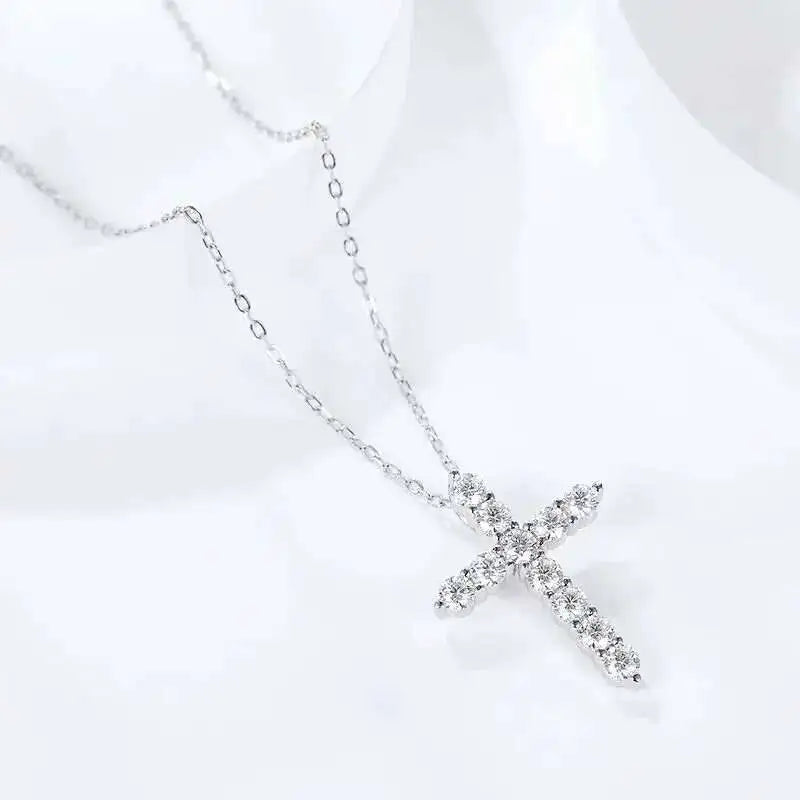 Full Moissanite Cross Pendant Original Sterg Sliver Chain Plated White Gold Fine Necklace For Women Jewelry