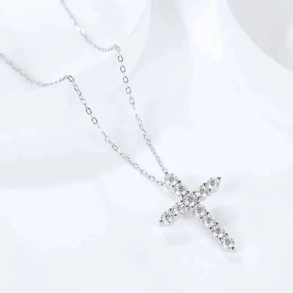 Full Moissanite Cross Pendant Original Sterg Sliver Chain Plated White Gold Fine Necklace For Women Jewelry