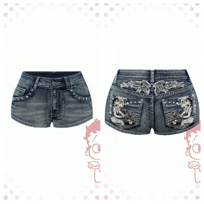 Women's Blue Denim Shorts Y2k Jeans Harajuku American Vintage High Waist Jorts Casual Jeans 2000s Embroidery Sexy Clothes Summer