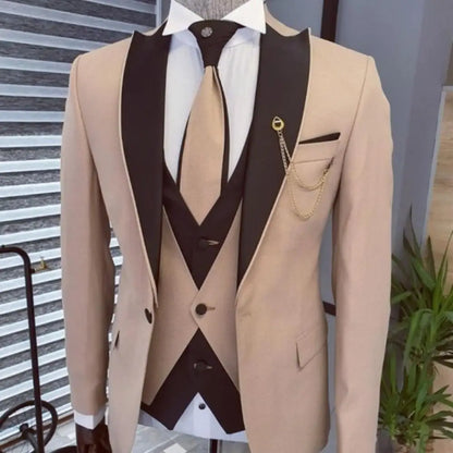 Men's Solid Slim Fit 3-Piece Business Suit Set with Blazer Vest And Pants for Wedding Party Luxury Fashion Tuxedo