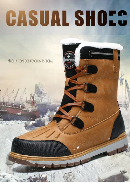 Fashion Men's Winter Boots Warm Fur High-top Snow Boots Men Waterproof Leather Platform Boots Outdoor Non-slip Men Winter Shoes