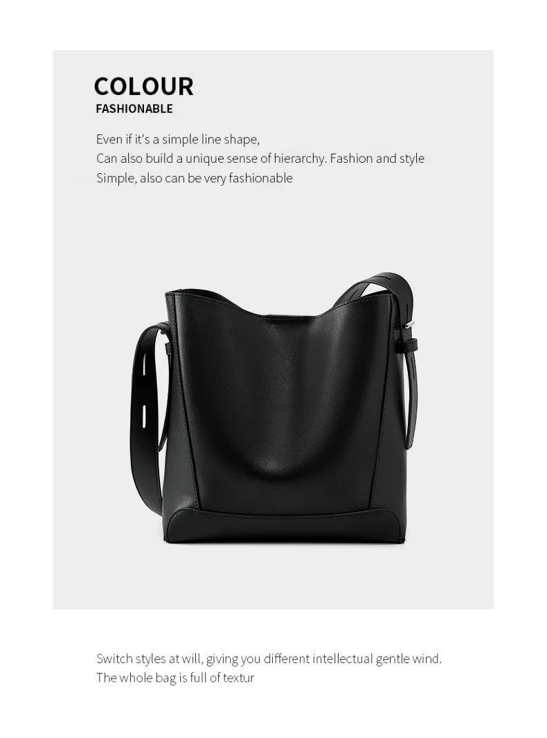 Ladies' Split Leather Bucket Shoulder Bags Female Commute Shopping Messenger Bags Adjustable Shoulder Strap Women Casual Handbag