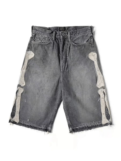 Retro Denim Shorts Y2k Casual Embroidered Bone Denim Shorts
