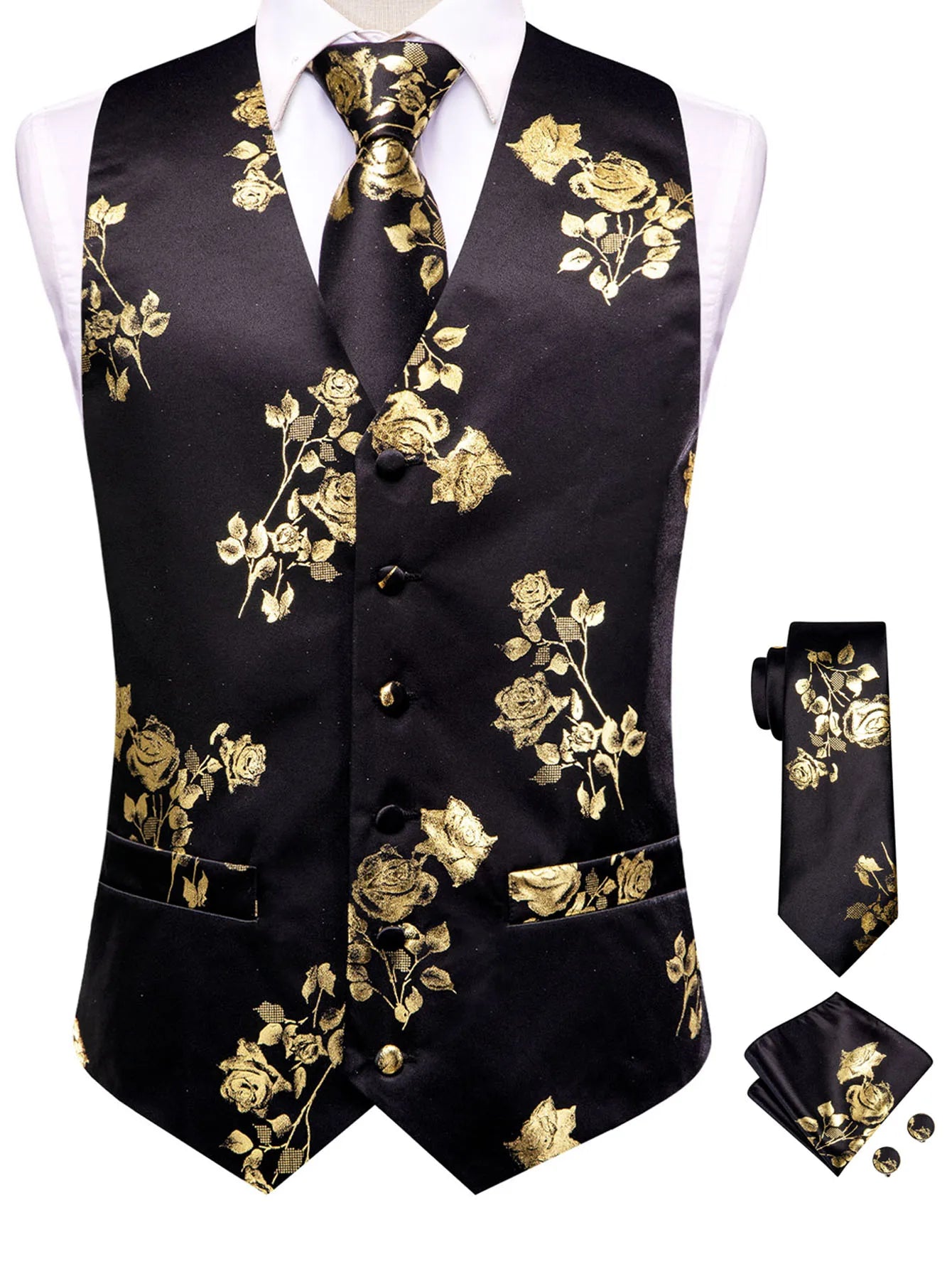 Formal Rose Pattern Paisley Plain Solid Mens Vest Party Wedding Waistcoat Pocket Square Tie  Hankie Suit Set