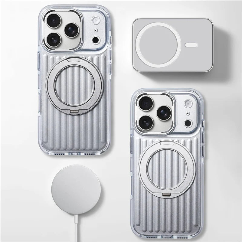 360° Rotating Magnetic Bracket Corrugated Phone Case For iPhone 17Pro 16 17 Pro Max For Magsafe Shockproof Stand Holder Cover