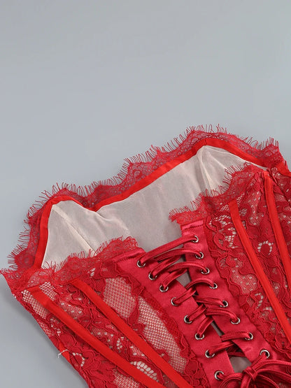 Christmas Dress For Women Red Lace Sexy Strapless Sleeveless Slim Supper Short Dress With Lace-Up