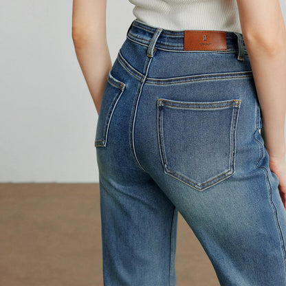 Women Denim jeans 2025 Autumn New Lycra Stretch Mid Waist Cotton Flares Pants