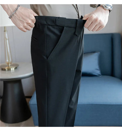 Elastic Waist Solid Color Suit Pants Men Formal Slim Fit Business Casual Trouser High Quality Social Wedding Fashion Dress Pant