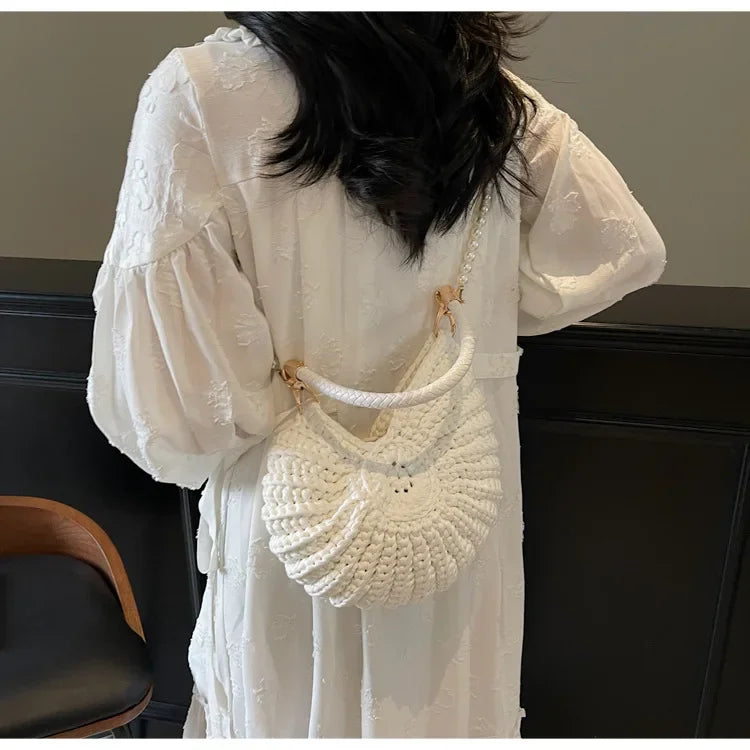 Fashion Conch Shaped Crochet Women Shoulde Bags Funny Cute Pearls Chains Handmade Weave Crossbody Bag Novelty Small Handbags