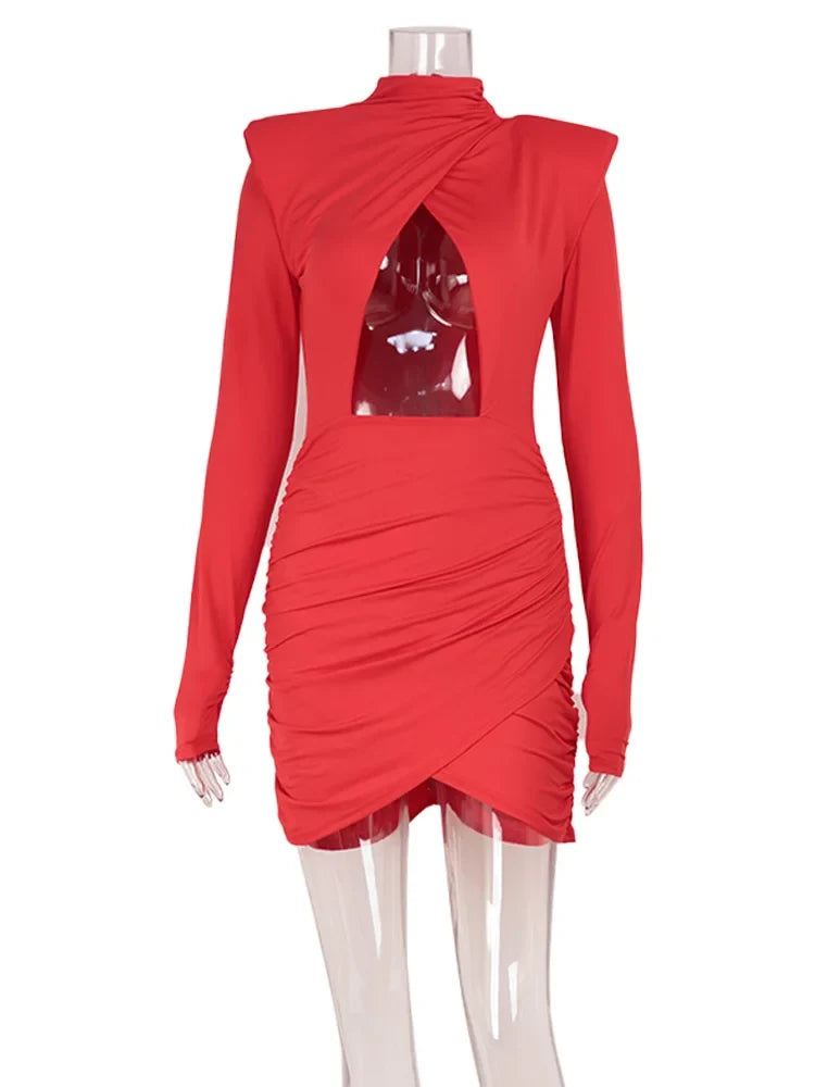 Eelgant Fashion Dresses For Women Solid Zipper Sheath Pleated Hollow Out Regular Long Sleeves Turtleneck Shoulder Pad