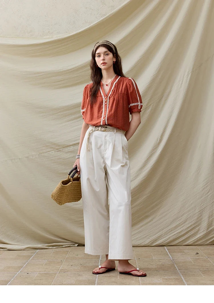French New Blouses Women Summer New 2025 Short Sleeve V-neck Color Matching Shirts Female Fashion Lazy Style MXE31X1766