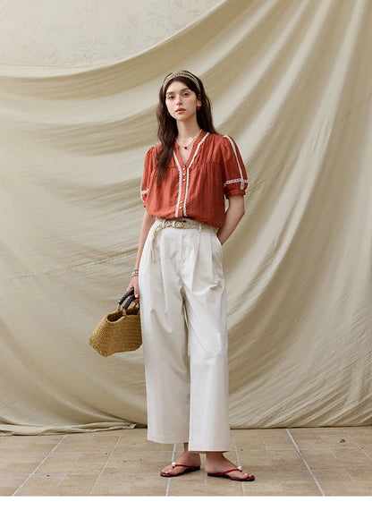 French New Blouses Women Summer New 2025 Short Sleeve V-neck Color Matching Shirts Female Fashion Lazy Style MXE31X1766