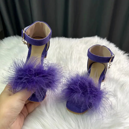 New Girls Low-heels Sandals Summer Fluffy Kids Princess Catwalk Shoes Open-toe Versatile Children Fashion Wedding Party Sandals