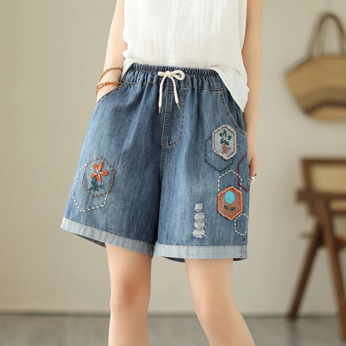 Embroider Shorts Jean For Women Summer Japanese Style Ethnic Elastic Waist Blue Flowers Embroidery Denim Shorts y2k