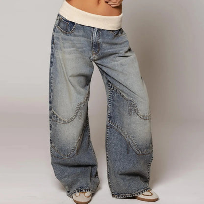 Y2K Hip-hop Stitching Fashion Joker Retro Jeans Female Korean Casual Simple Dress Essential Wide-leg Pants Loose Joker Overalls