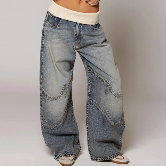 Y2K Hip-hop Stitching Fashion Joker Retro Jeans Female Korean Casual Simple Dress Essential Wide-leg Pants Loose Joker Overalls