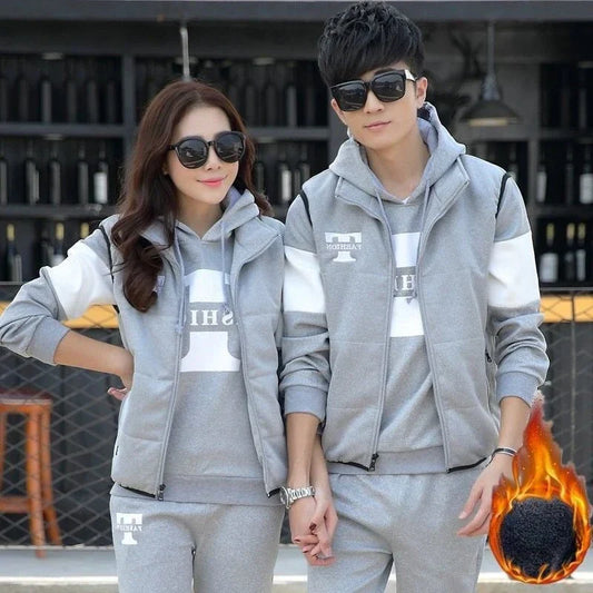 3 Pieces Set Hoodies+Vest+Pants Casual Track Suit Clothing Coats Winter Thick Warm Tracksuit for Couple Printed Mens Set Vest
