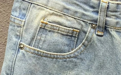 Men's Denim Shorts With Trendy Holes Rough Edges Light Blue Cropped Shorts Spring and Summer Youth