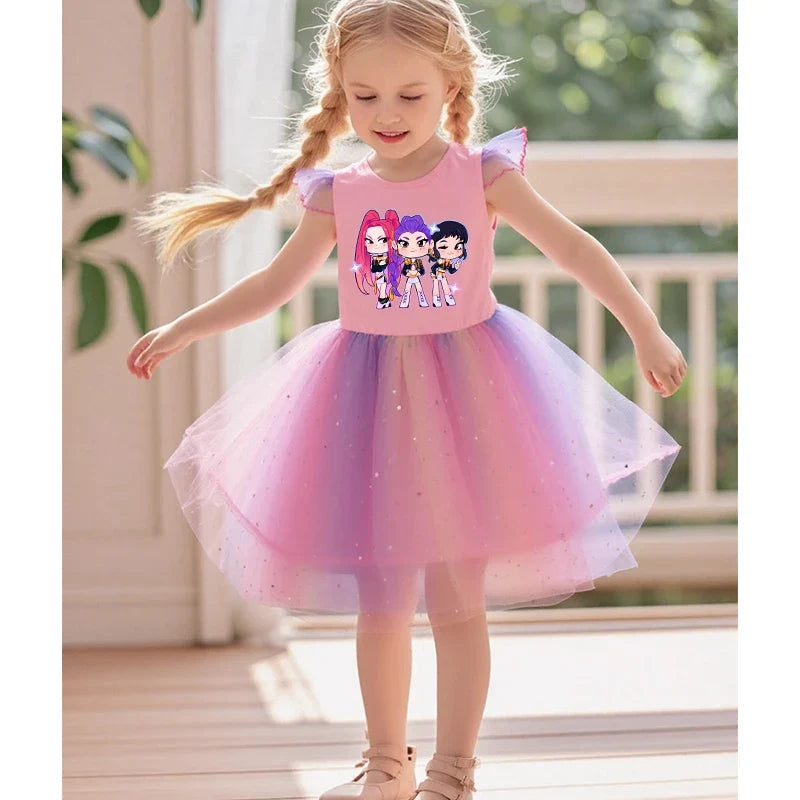 K-Pop Hunters Rumi Baby Girls Dress Children Cartoon Mesh Star Sequins Princess Dress Kids Flying Sleeve Skirt For Birthday Gift