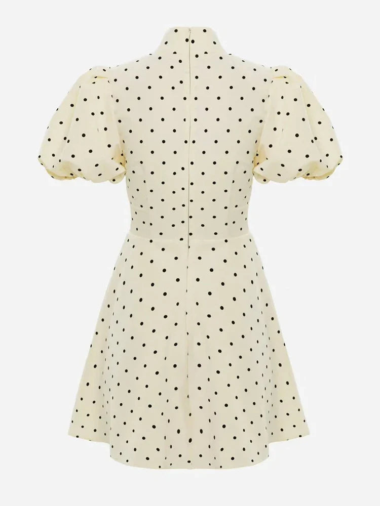 Retro Polka Dot Mini A-line Dress Elegant Stand Collar Puff Short Sleeve Waist-cinching Dresses 2026 New Lady Party Gowns