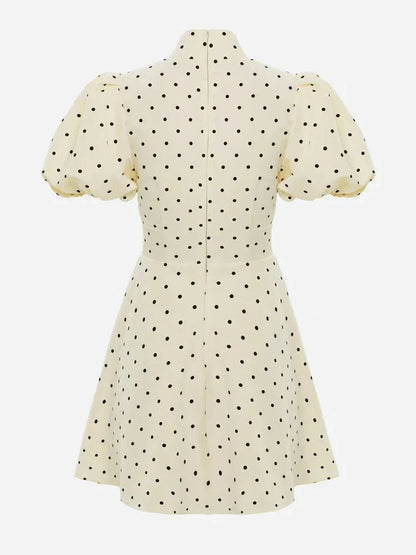 Retro Polka Dot Mini A-line Dress Elegant Stand Collar Puff Short Sleeve Waist-cinching Dresses 2026 New Lady Party Gowns