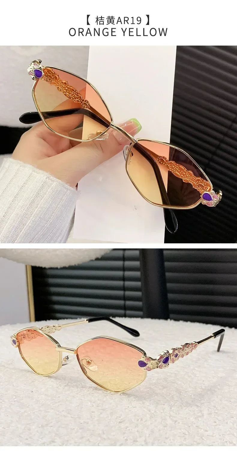 Retro Geometric Polygon Metal Frame Sunglasses with Colorful Enamel Temple Arms UV400 Trendy Women's Fashion Shades Gafas De Sol