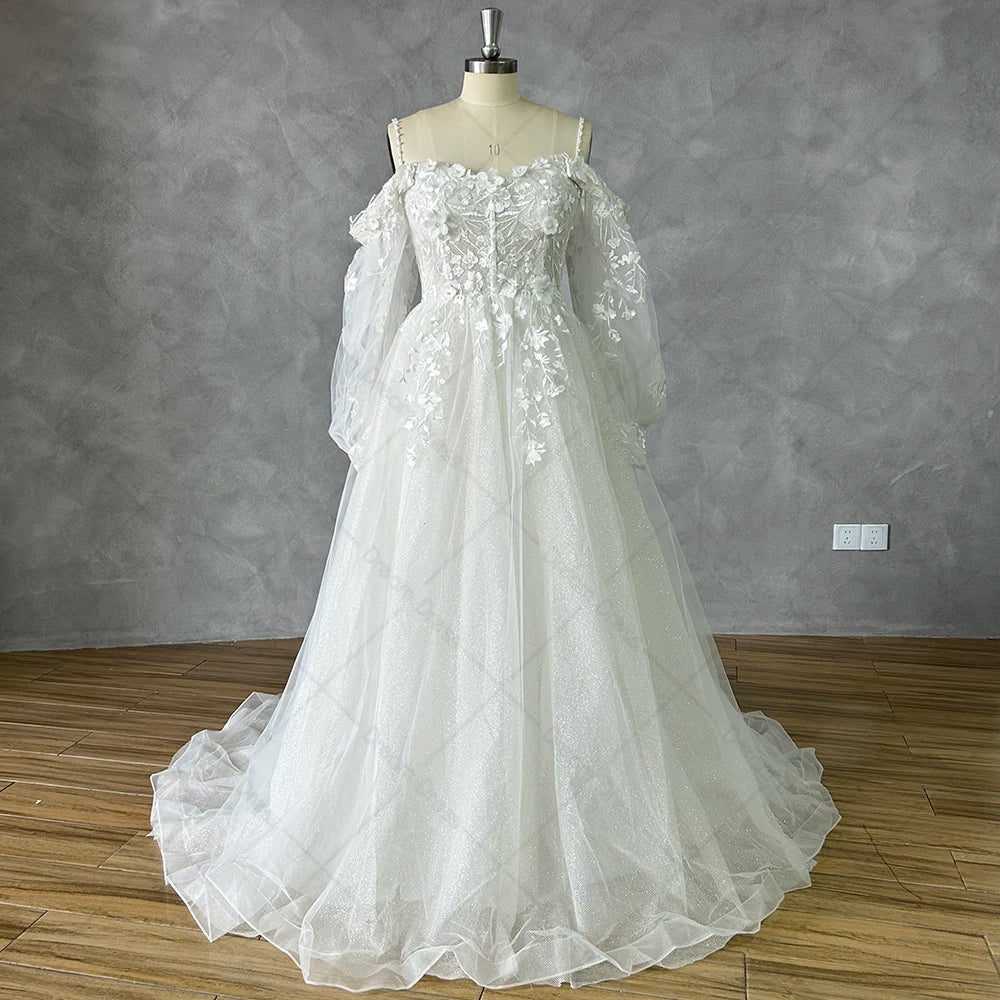 Customized Off Shoulder Lace Glitter Wedding Dresses Long Puff Sleeve 3D Flowers Boho Bride Gown 2026 Vestidos De Novia