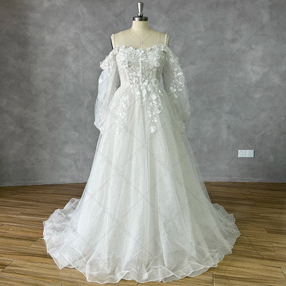 Customized Off Shoulder Lace Glitter Wedding Dresses Long Puff Sleeve 3D Flowers Boho Bride Gown 2026 Vestidos De Novia