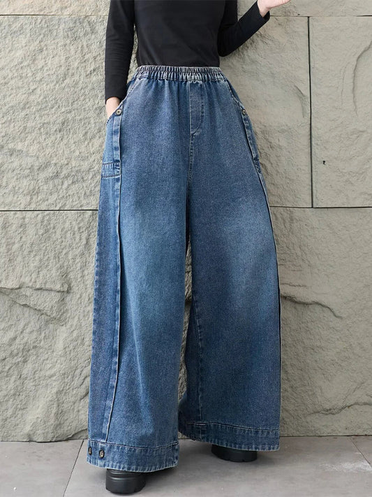 2026 Spring Fashion Classic Denim Pants Ladies Vintage Soild Casual Jeans Women Loose Elastic Waist Wide Leg Trousers
