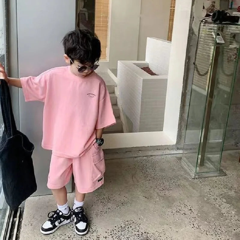 Summer Casual Boys Cotton Loose Alphabet T-shirt Tops+Short Pants Set School Kids Tracksuit Children 2-Piece Outfit Suit 2-14Yrs