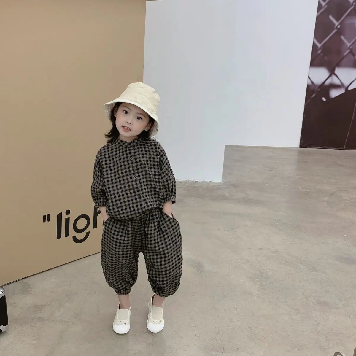 Kid Girls Korean Style Cotton Linen Suits Spring Autumn 2026 New Summer Baby Girl Fashion Casual Plaid 7-point Sleeve 2pcs Sets