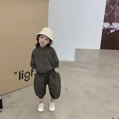 Kid Girls Korean Style Cotton Linen Suits Spring Autumn 2026 New Summer Baby Girl Fashion Casual Plaid 7-point Sleeve 2pcs Sets