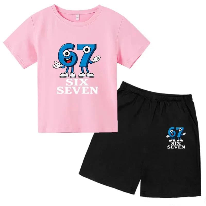 67 Funny Cartoon Number Print Kids Summer Casual 2PCS Breathable Tees+Short Pants Suits 2-13 Years Boys Girls Fashion Clothes