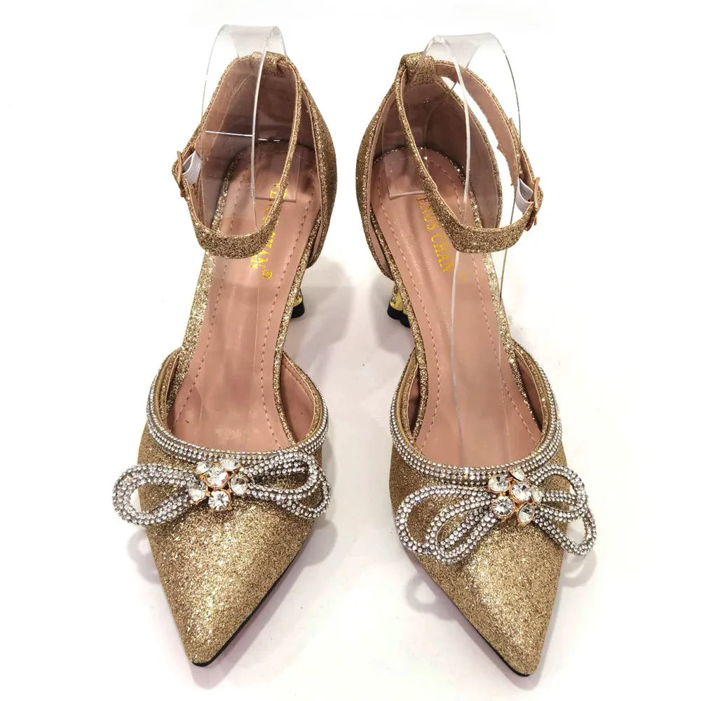 2023 Ladies Pointed-Toe Party High Heels Magenta Colour Bow Rhinestone Stereo Bag Evening  African Wedding Shoe And Bag Set