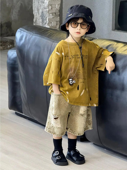 2026 Summer New Boys' Distressed Tie Dye Short Sleeved T-Shirt Junior Sizes Stylish Trendy Kids' Apparel