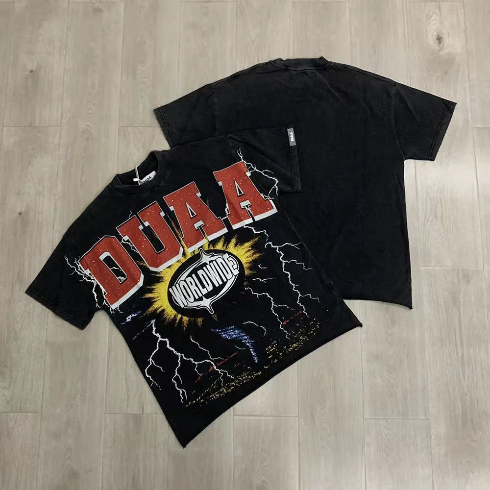 Car Letter Rhinestone Washed Cotton Short Sleeve Tshirts for Men and Women Harajuku Hip Hop Loose Shinning Diamond Tees Oversize