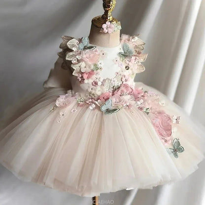 Custom Pink Floral Butterfly Tulle Flower Girl Dress First Christmas Dress Wedding Party Gown for Girls فساتين اطفال
